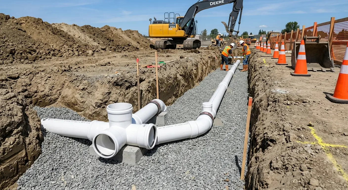 New PVC sewer pipe installation in open trench for Sewer Backup in Green Cove Springs