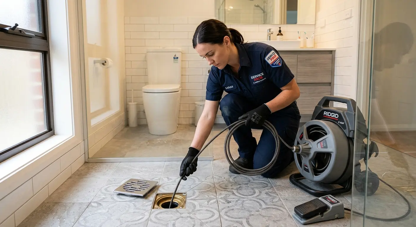Technician clearing a bathroom floor drain for Sewer Line Replacement in Green Cove Springs